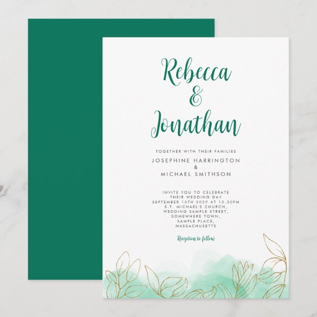 Inbjudan till guld Löv Emerald Watercolor Wedding (Fram/baksida)