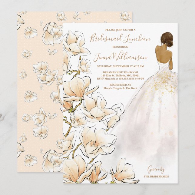  Inbjudan till Guld Magnolia Bridesmaid Luncheon (Fram/baksida)