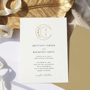 Inbjudan till guld Monogram Celestial Wedding