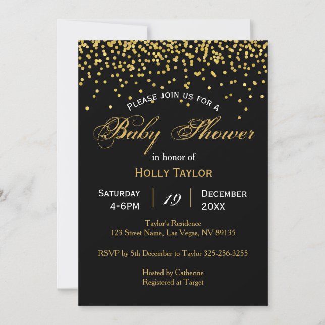 Inbjudan till Guld och Black Baby Shower (Framsida)