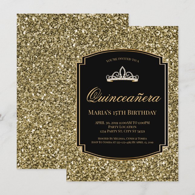 Inbjudan till guld och Black Glitter Quinceañera (Fram/baksida)