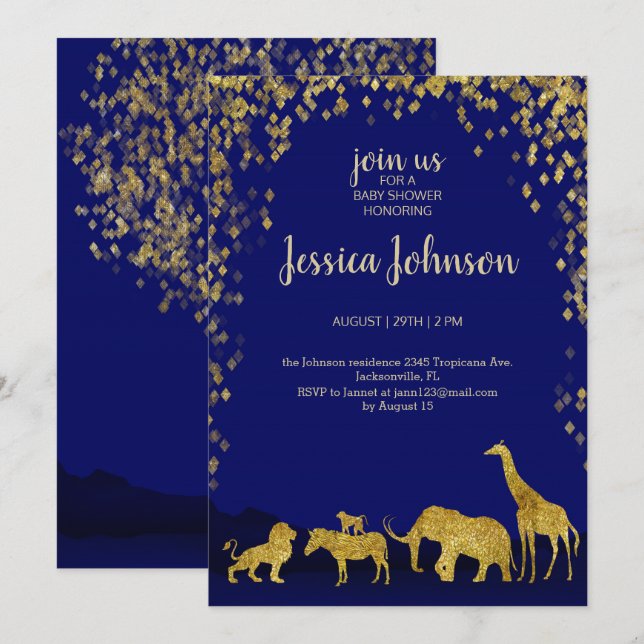 Inbjudan till Guld och Blue Safari Baby Shower (Fram/baksida)