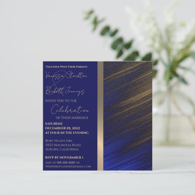 Inbjudan till Guld och Blue Wedding (Stående Fram)