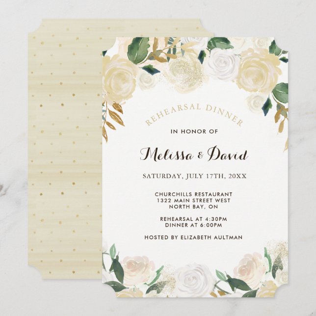 Inbjudan till guld och Champagne Rehearsal Dinner (Fram/baksida)