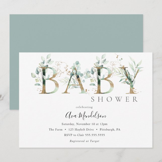 Inbjudan till guld och Eucalyptus Baby Shower (Fram/baksida)