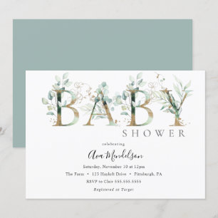 Inbjudan till guld och Eucalyptus Baby Shower