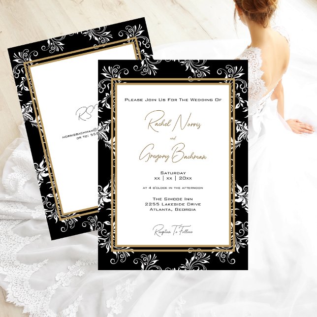 Inbjudan till guld och svartbröllop (Gold and Black Wedding with RSVP Invitation)