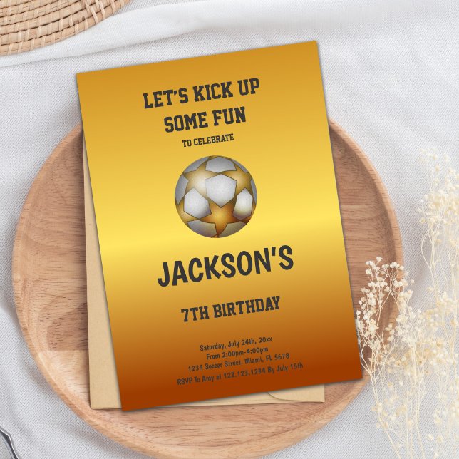 Inbjudan till guld & Orange på födelsedagen (Gold Orange Soccer Birthday Invitations)