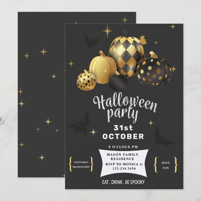 Inbjudan till guld Pumpkin Elegant Halloween fest (Fram/baksida)