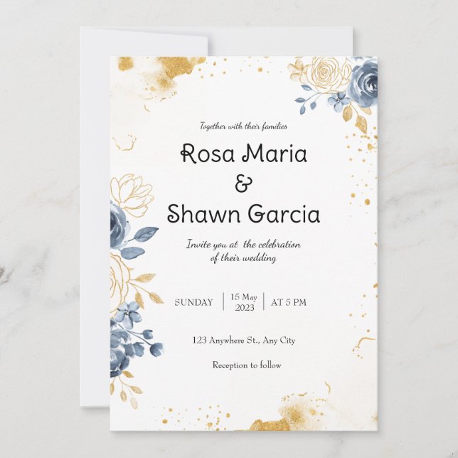 Inbjudan till Guld Romantic Blommigt Wedding (Framsida)