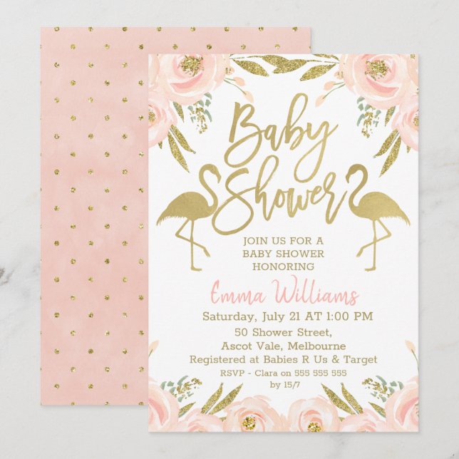Inbjudan till guld Rosa Flamingo Baby Shower (Fram/baksida)