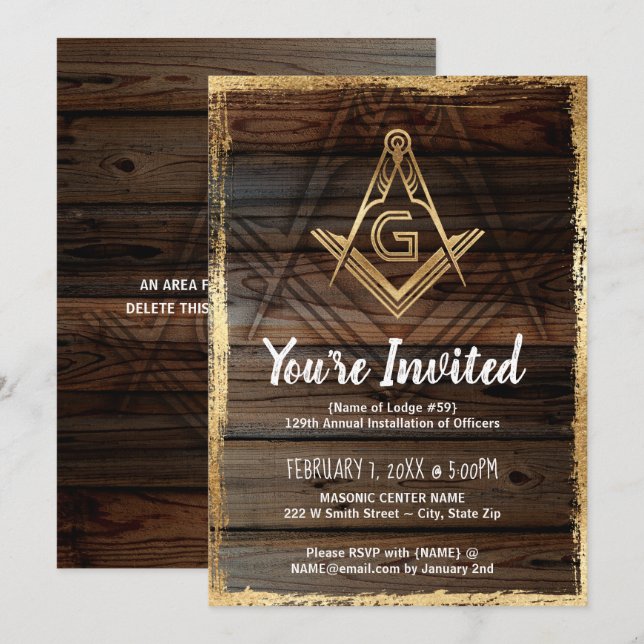 Inbjudan till guld Rustic Wood Masonic | Frimursve (Fram/baksida)
