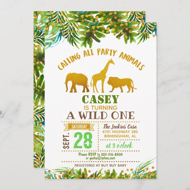 Inbjudan till guld Safari-djurets födelsedag (Fram/baksida)
