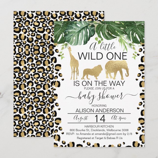 Inbjudan till guld Safari Leopard Skin Baby Shower (Fram/baksida)