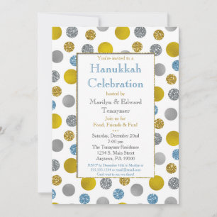 Inbjudan till guld Silver Blue Dots Hanukkah
