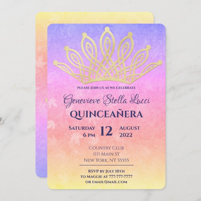 Inbjudan till guld Tiara Quinceañera-partiet (Fram/baksida)