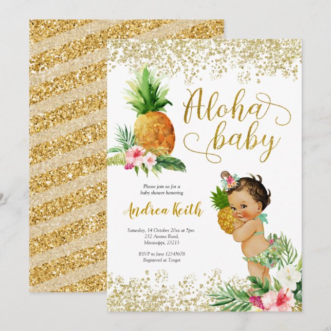 Inbjudan till Guld Tropical Pineapple Girl Baby Sh (Fram/baksida)