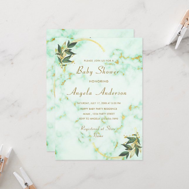 Inbjudan till guld White Marble Stone Baby Shower (Fram/Back In Situ)