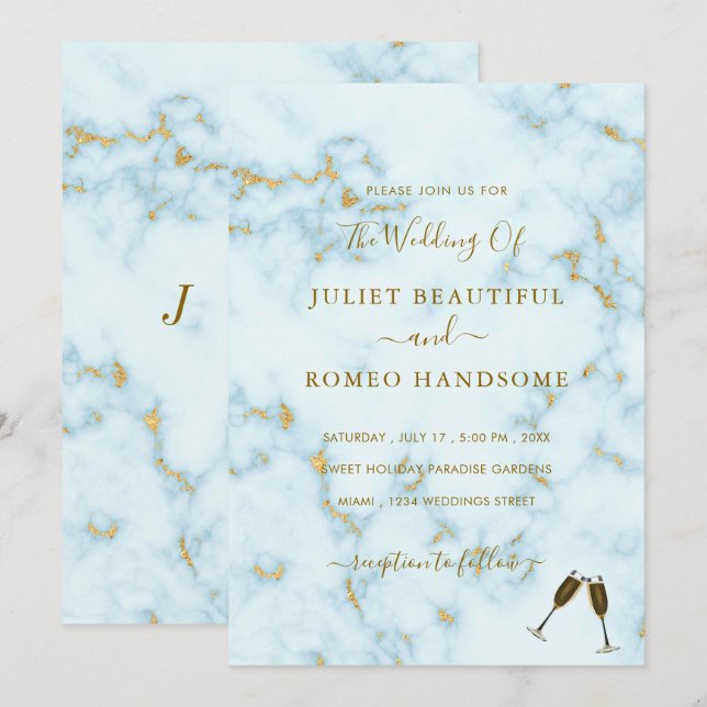 Inbjudan till guld White Marble Wedding och champa (Fram/baksida)