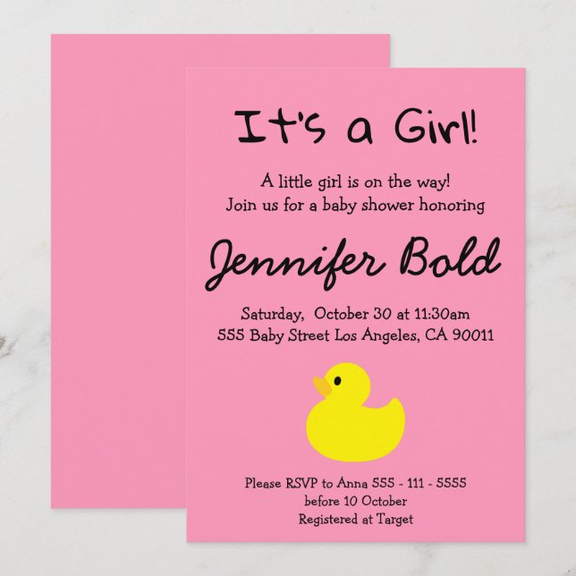 Inbjudan till gult Anka Girl Baby Shower (Fram/baksida)
