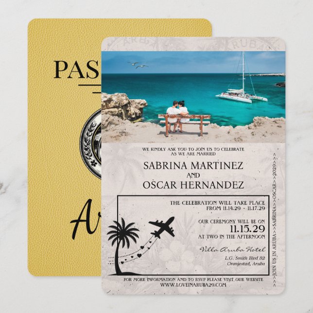 Inbjudan till gult Aruba Passport Wedding (Fram/baksida)