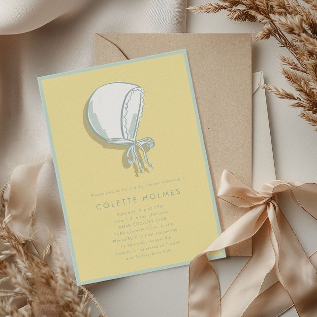 Inbjudan till gult Baby Bonnet Baby Shower (Yellow Baby Bonnet Illustration Baby Shower Invitation)