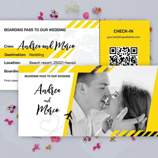 Inbjudan till gult Beach Boarding Pass Wedding (wedding boarding pass invitaion)