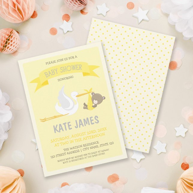 Inbjudan till gult Bear and Stork Baby Shower (Skapare uppladdad)