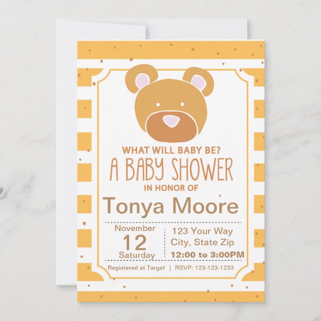 Inbjudan till gult Bear Baby Shower (Framsida)