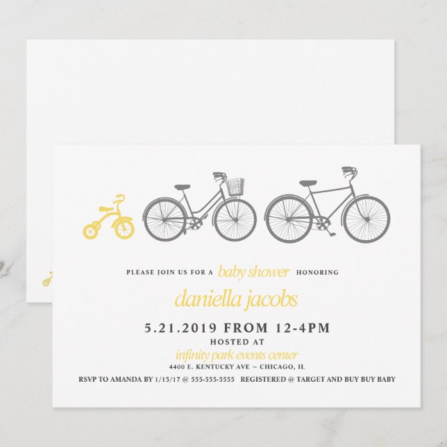 Inbjudan till gult Bicycle Baby Shower (Fram/baksida)