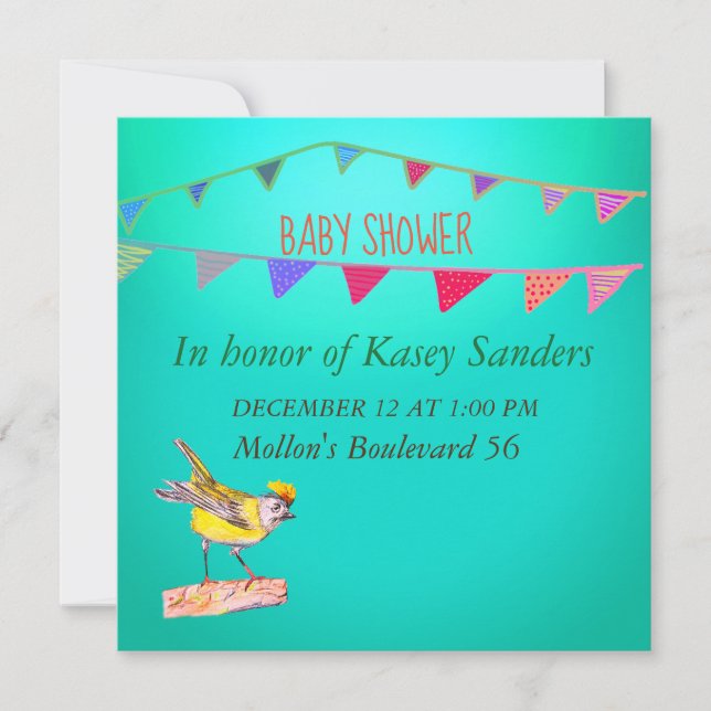 Inbjudan till gult Bird Flaggor Blue Baby Shower (Framsida)