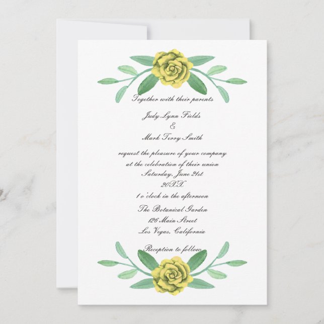 Inbjudan till gult Blommigt Greenery Foliage Weddi (Framsida)