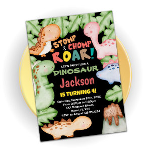 Inbjudan till gult Blue Black Dinosaur Birthday Bi