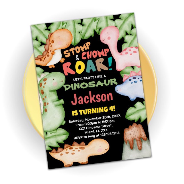 Inbjudan till gult Blue Black Dinosaur Birthday Bi (Skapare uppladdad)