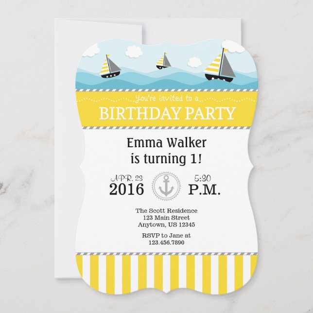 Inbjudan till Gult Blue Nautical Birthday (Framsida)