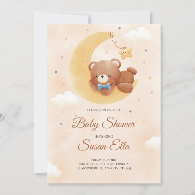 Inbjudan till gult Brown Cute Baby Bear Baby Showe (Framsida)
