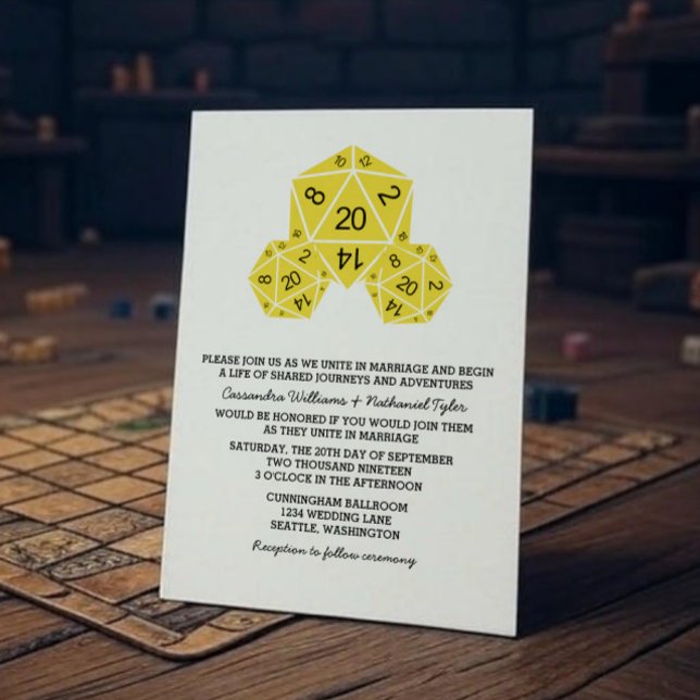 Inbjudan till gult D20 Dice Wedding (Yellow D20 Dice Wedding Invite)