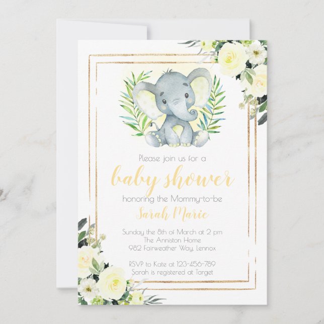 Inbjudan till gult Elephant Baby Shower (Framsida)