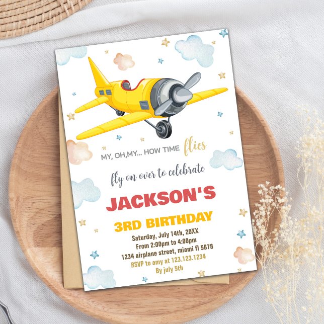Inbjudan till gult Flygplanets födelsedag (Yellow Airplane Birthday Invitations)