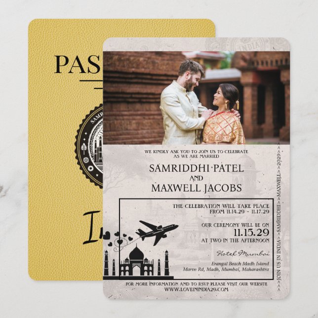 Inbjudan till gult India Passport Wedding (Fram/baksida)