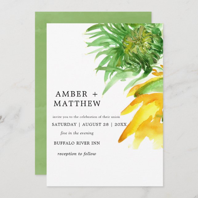 Inbjudan till gult målade solrosbröllop (Fram/baksida)