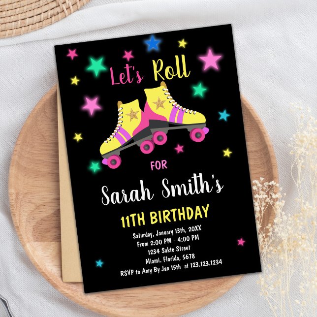 Inbjudan till gult Neon Star Skate Birthday Birthd (Yellow Neon Star Skate Birthday Invitations)