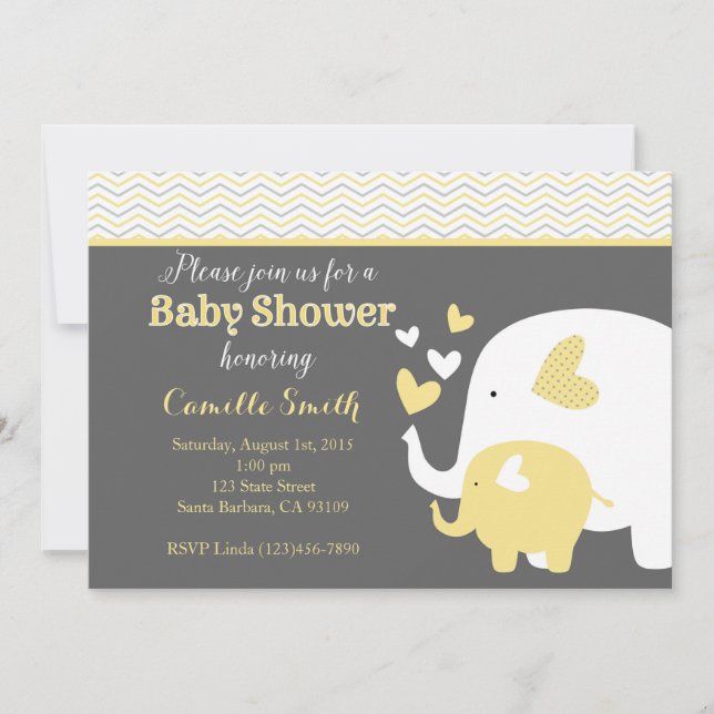 Inbjudan till gult och Grått Elephant Baby Shower (Framsida)