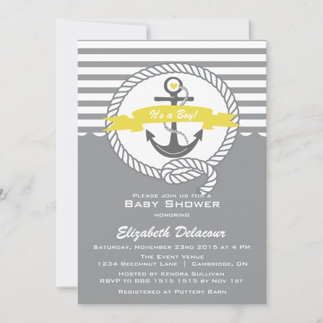 Inbjudan till gult och Grått Nautical Baby Shower (Framsida)
