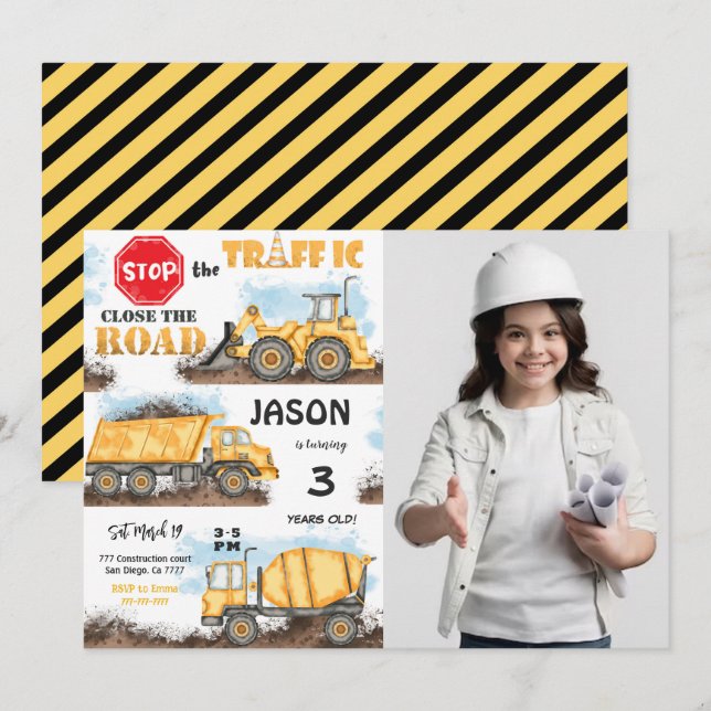 Inbjudan till gult- och svartvagring med foto (Fram/baksida)