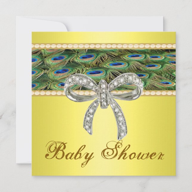 Inbjudan till gult Peacock Diamond Bow Baby Shower (Framsida)