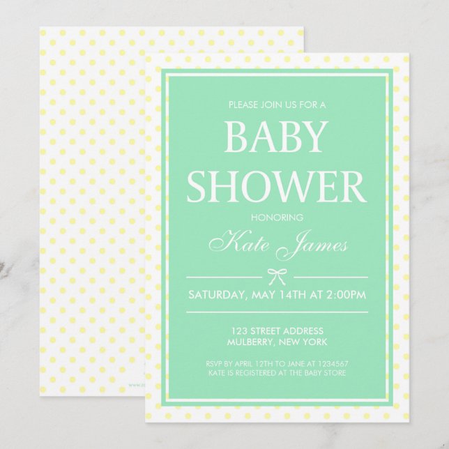 Inbjudan till gult Polka Dot & Mint Baby Shower (Fram/baksida)