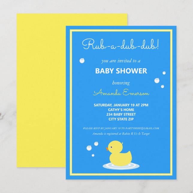 Inbjudan till gult Rubber Anka Baby Shower (Fram/baksida)