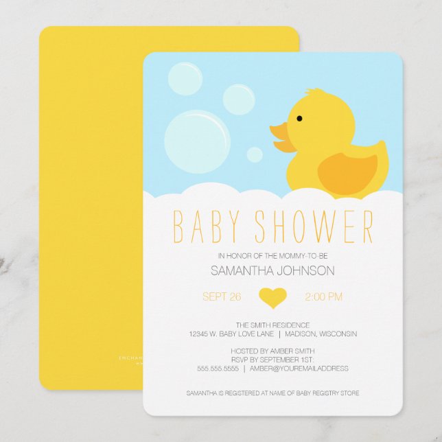 Inbjudan till gult Rubber Ducky Baby Shower (Fram/baksida)