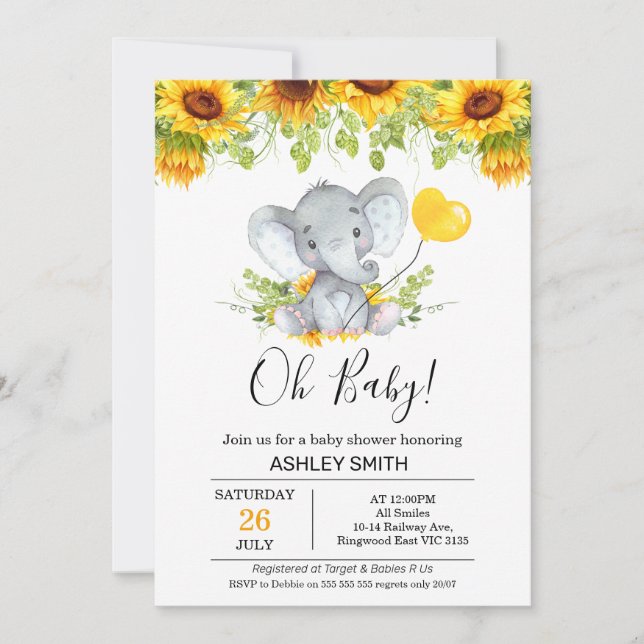 Inbjudan till gult Solblommor Elephant Baby Shower (Framsida)